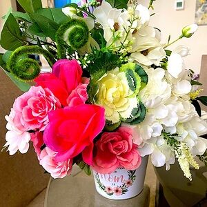 Handcrafted Faux Floral arrangement in Mother’s Day tin container.